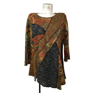 Multiples 1X Women Size 1X Rust Green Mixed Print Exposed Seams Retro Soft Tunic